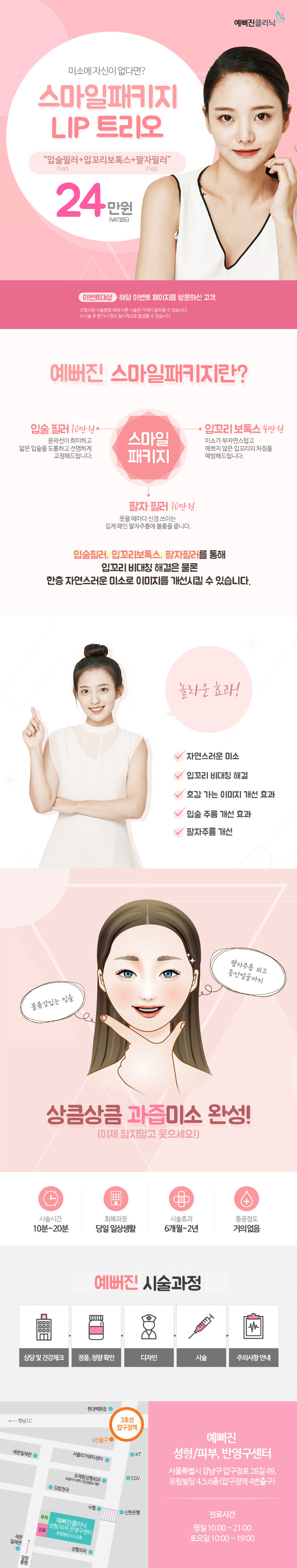 압구정 예쁘진의원의 스마일패키지는 입술필러, 입꼬리보톡스, 팔자필러를 24만원에 제공하는 특가 시술 프로그램