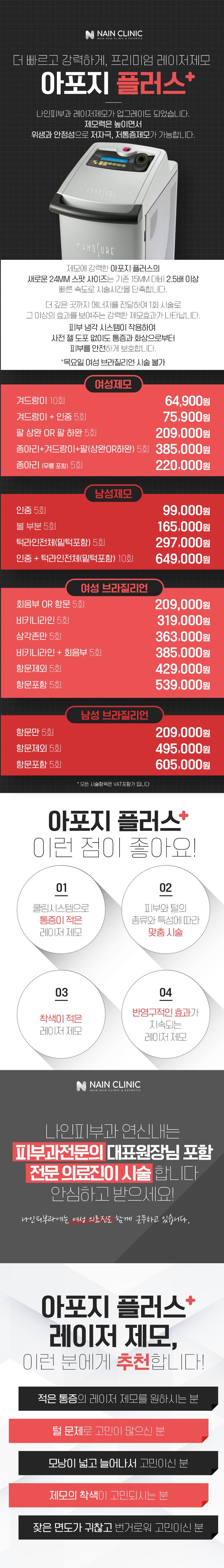 나인피부과의원 연신내점의 아포지플러스 레이저제모 시술 프로모션으로, 겨드랑이 6.49만원부터 제공되는 빠르고 강력한 제모 프로그램