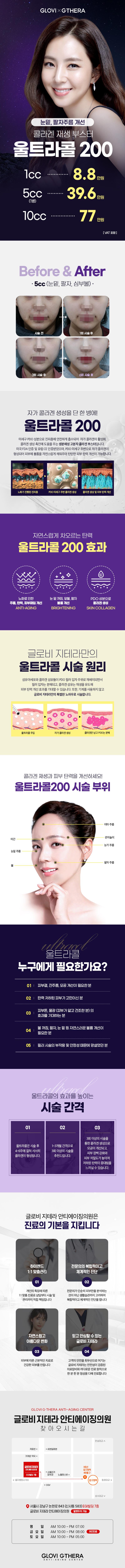 서울 압구정에 위치한 글로비지테라 안티에이징 의원에서 제공하는 울트라콜 200 1cc 시술은 8.8만원으로 콜라겐 부스터를 통한 피부 재생과 모공 개선 효과를 제공합니다.